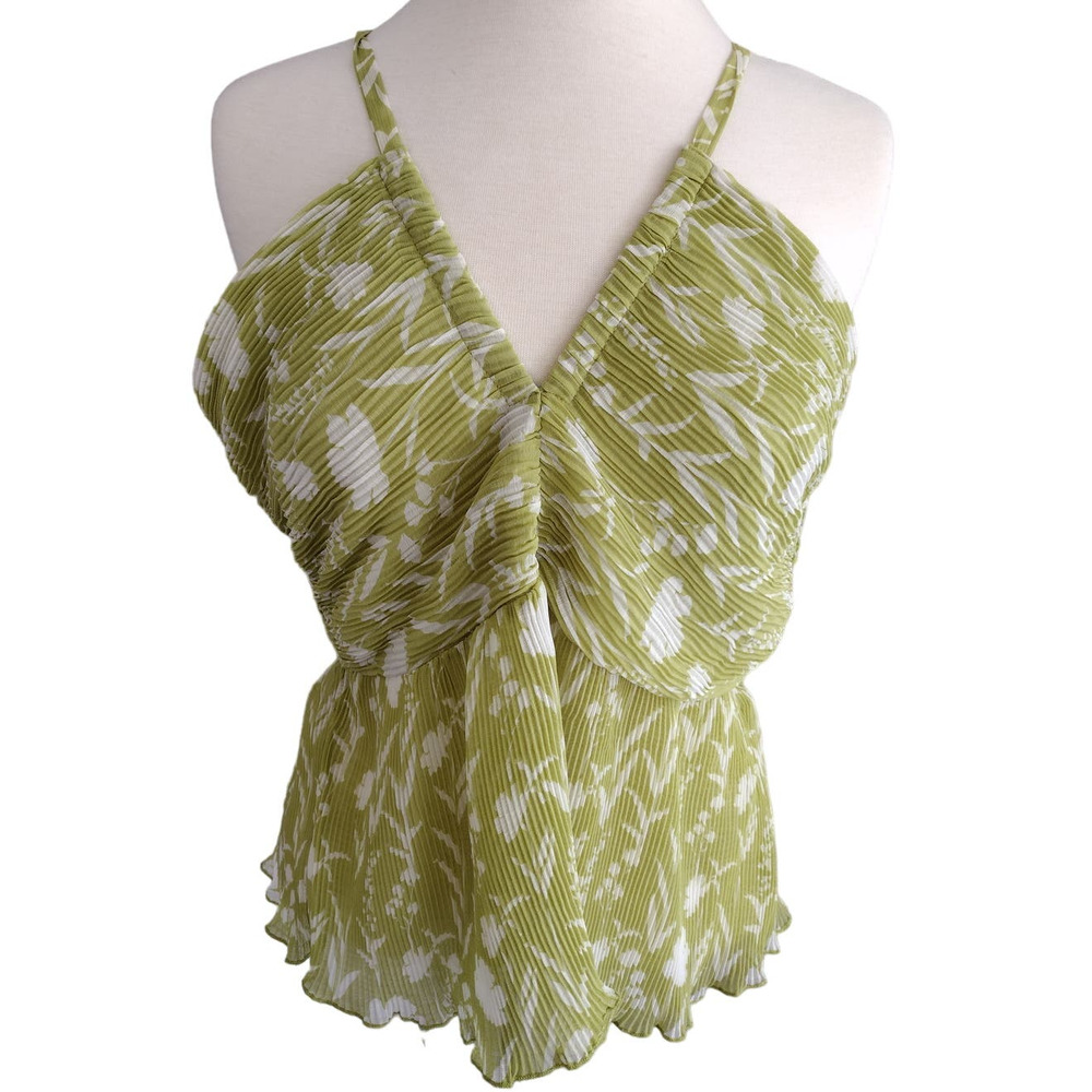 Japna | Green & White Floral Pleated Chiffon V-Neck Halter Sleeveless Blouse Top